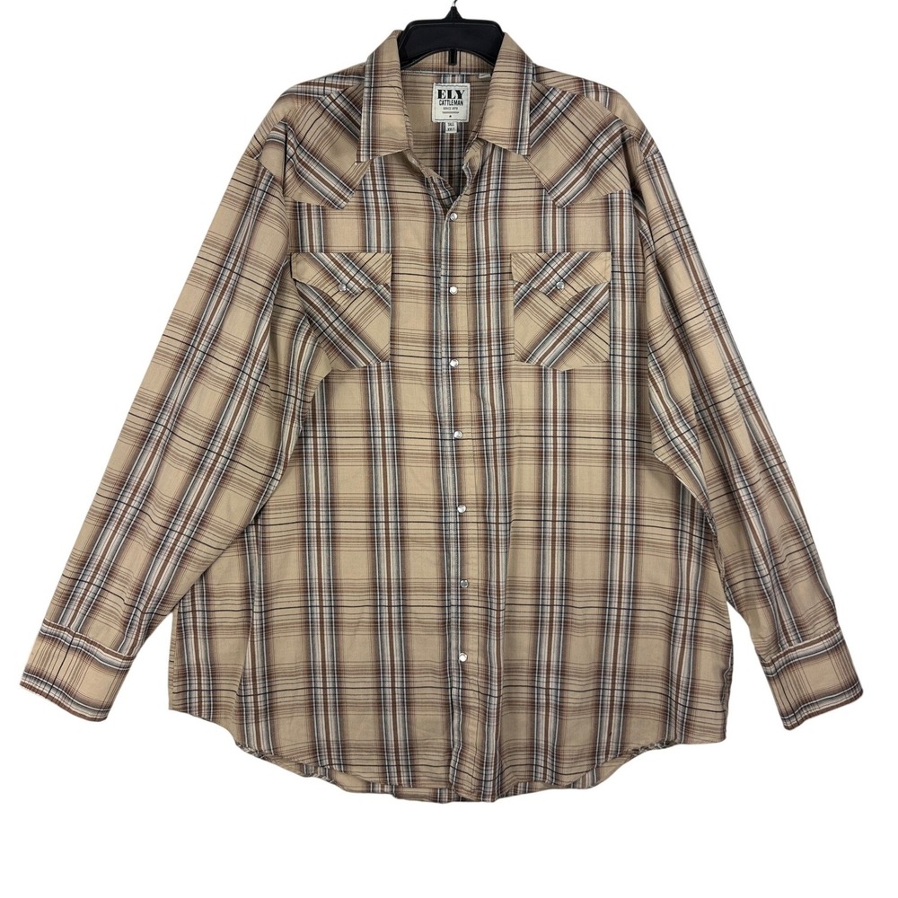 Ely Cattleman Mens XXLT Tall Western Pearl Snap Plaid Shirt Tan Brown E3S2029220